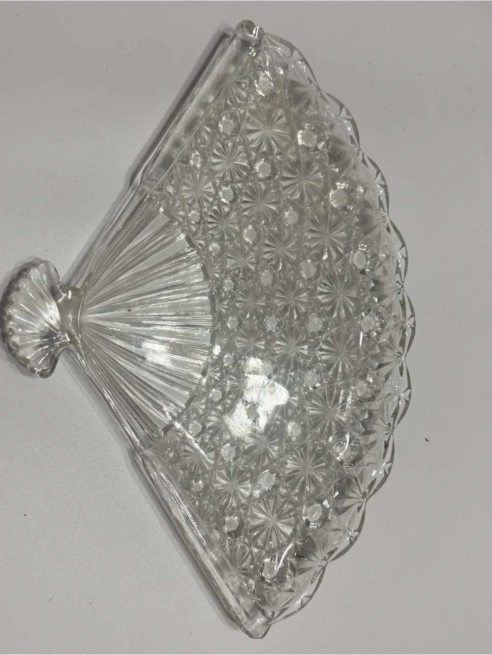 Vintage Clear Glass Daisy Design Fan Shaped Jewelry Trinket Dish Cottagecore